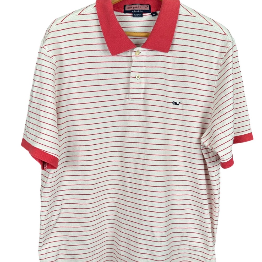 Vineyard Vines Mens XL Polo Shirt White Red Striped Short Sleeve Cotton Whale